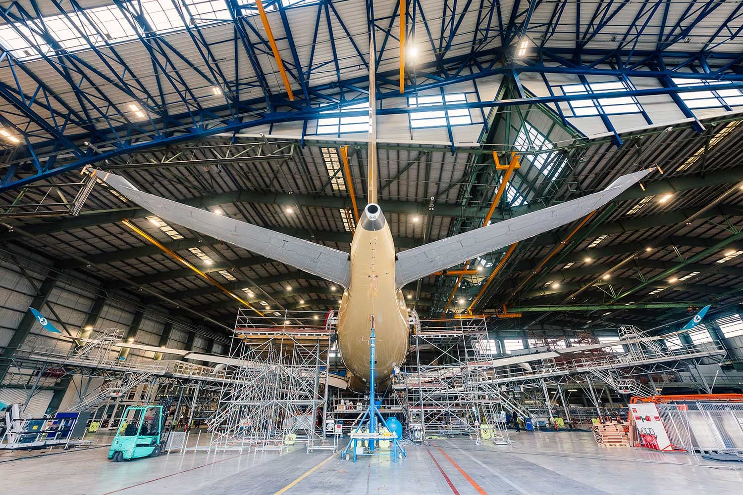 Airbus A350 undergoing transformation in a Sabena technics hangar in Bordeaux, as part of the French Bee project